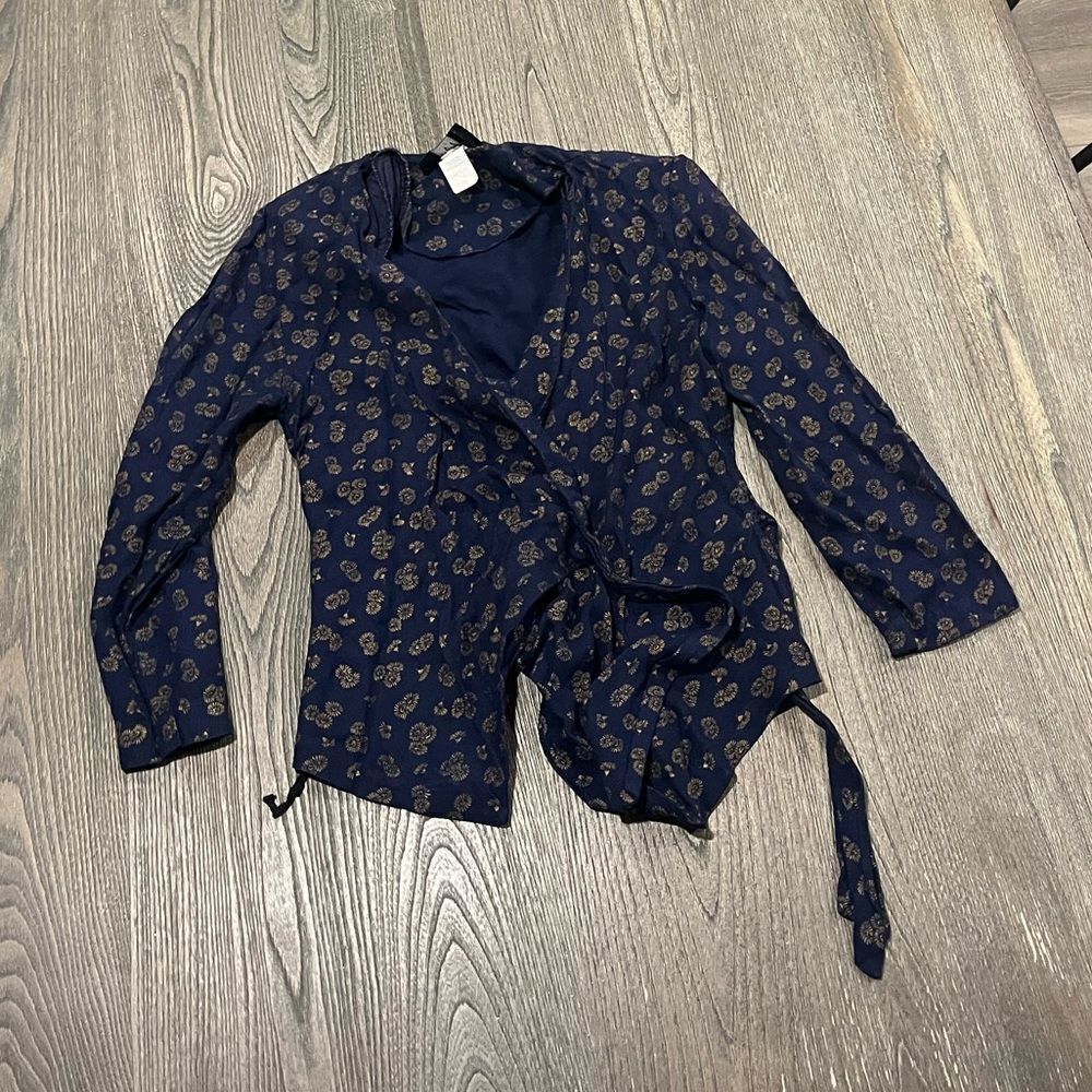 Toby Vintage Navy Blue Fan Print Wrap Blouse Long Sleeve Size 4